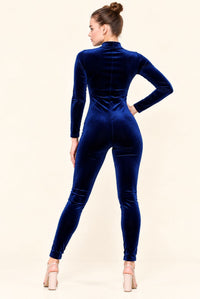 Royal Blue Velvet High Neck Long Sleeve Jumpsuit