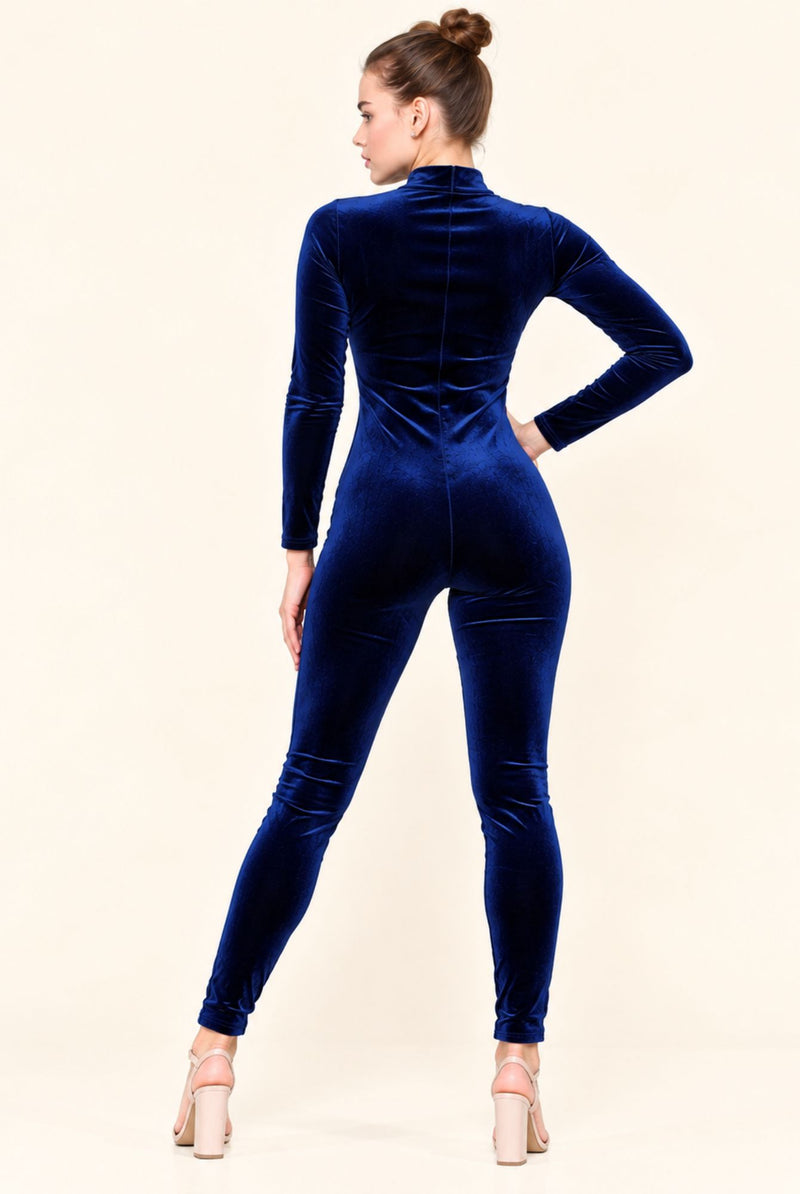 Royal Blue Velvet High Neck Long Sleeve Jumpsuit