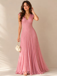 Blush Pink Pleated V-Neck Maxi Dress – Elegant Occasion Edition
