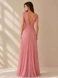 Blush Pink Pleated V-Neck Maxi Dress – Elegant Occasion Edition