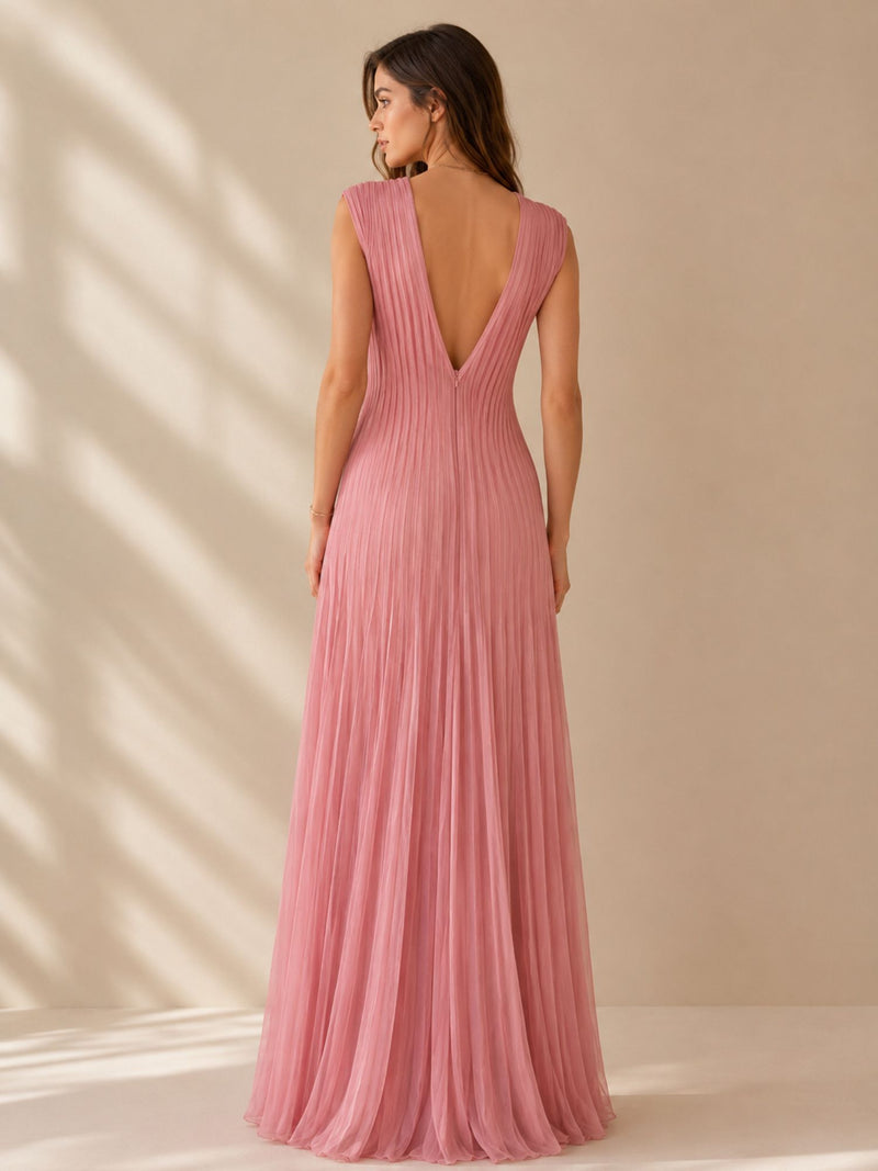 Blush Pink Pleated V-Neck Maxi Dress – Elegant Occasion Edition