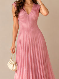 Blush Pink Pleated V-Neck Maxi Dress – Elegant Occasion Edition