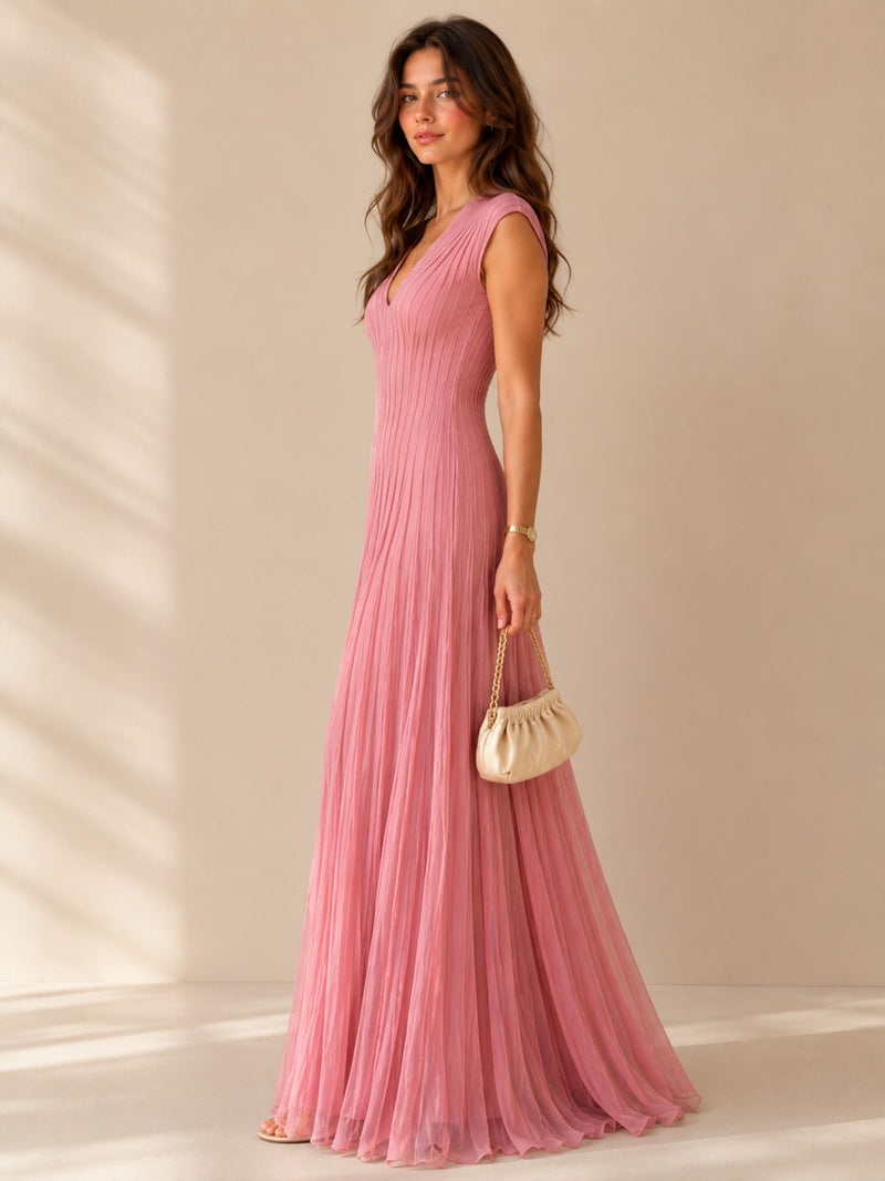 Blush Pink Pleated V-Neck Maxi Dress – Elegant Occasion Edition