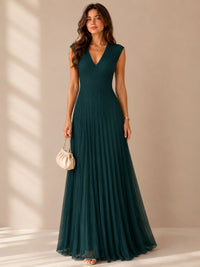 Bottle Green Pleated V-Neck Maxi Dress – Elegant Occasion Edition