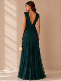 Bottle Green Pleated V-Neck Maxi Dress – Elegant Occasion Edition