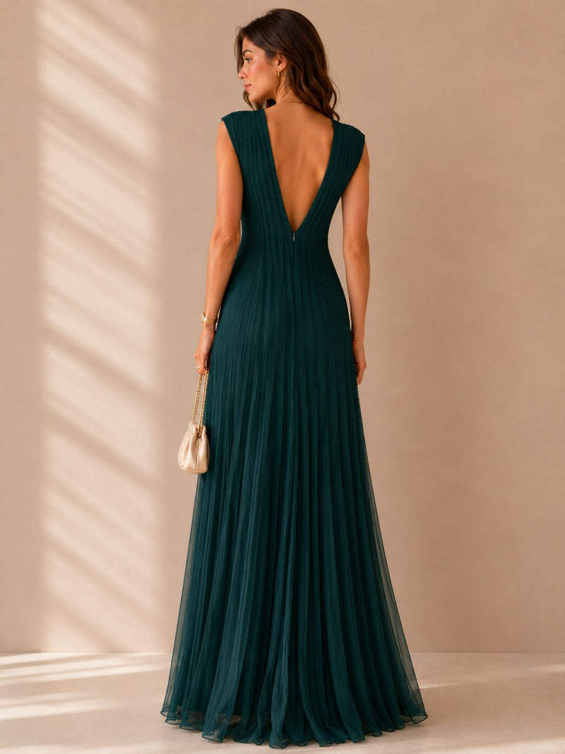 Bottle Green Pleated V-Neck Maxi Dress – Elegant Occasion Edition