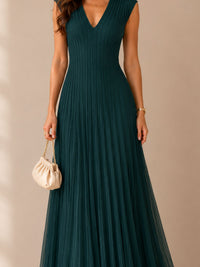 Bottle Green Pleated V-Neck Maxi Dress – Elegant Occasion Edition