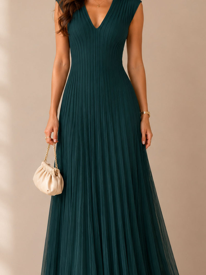 Bottle Green Pleated V-Neck Maxi Dress – Elegant Occasion Edition