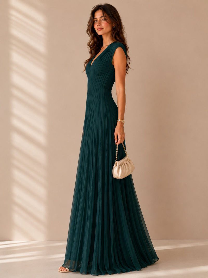 Bottle Green Pleated V-Neck Maxi Dress – Elegant Occasion Edition