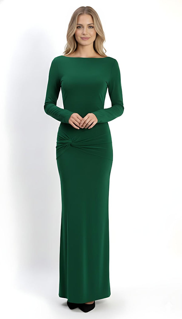 Bottle Green Backless Maxi Knot Waist Bodycon Dress
