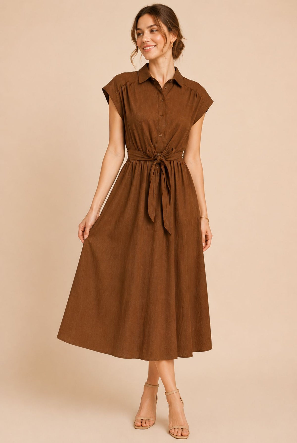 Brown Button Front Tie Waist Midi Shirt Dress