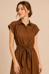 Brown Button Front Tie Waist Midi Shirt Dress