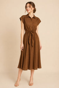 Brown Button Front Tie Waist Midi Shirt Dress