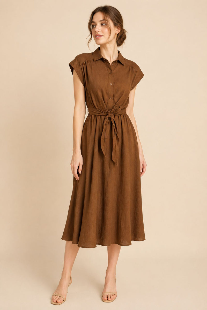 Brown Button Front Tie Waist Midi Shirt Dress
