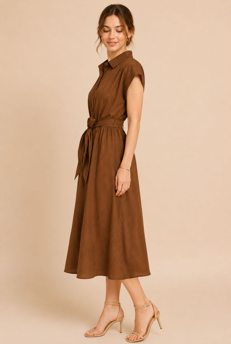 Brown Button Front Tie Waist Midi Shirt Dress