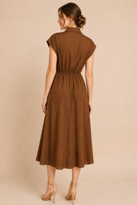 Brown Button Front Tie Waist Midi Shirt Dress