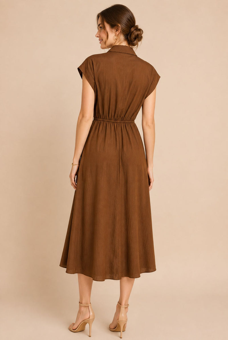 Brown Button Front Tie Waist Midi Shirt Dress