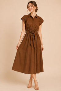 Brown Button Front Tie Waist Midi Shirt Dress
