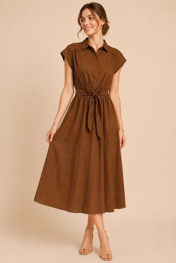 Brown Button Front Tie Waist Midi Shirt Dress