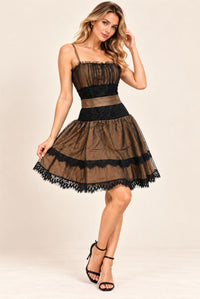 Brown Lace Trim Mini Dress with Sheer Overlay & Tie Waist
