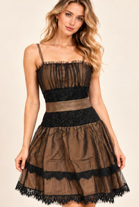 Brown Lace Trim Mini Dress with Sheer Overlay & Tie Waist