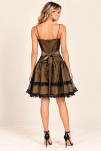 Brown Lace Trim Mini Dress with Sheer Overlay & Tie Waist