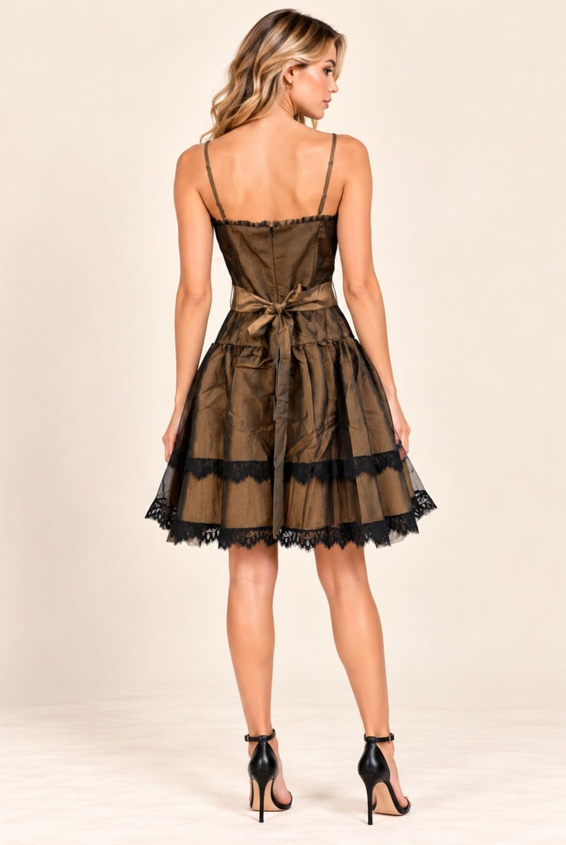 Brown Lace Trim Mini Dress with Sheer Overlay & Tie Waist