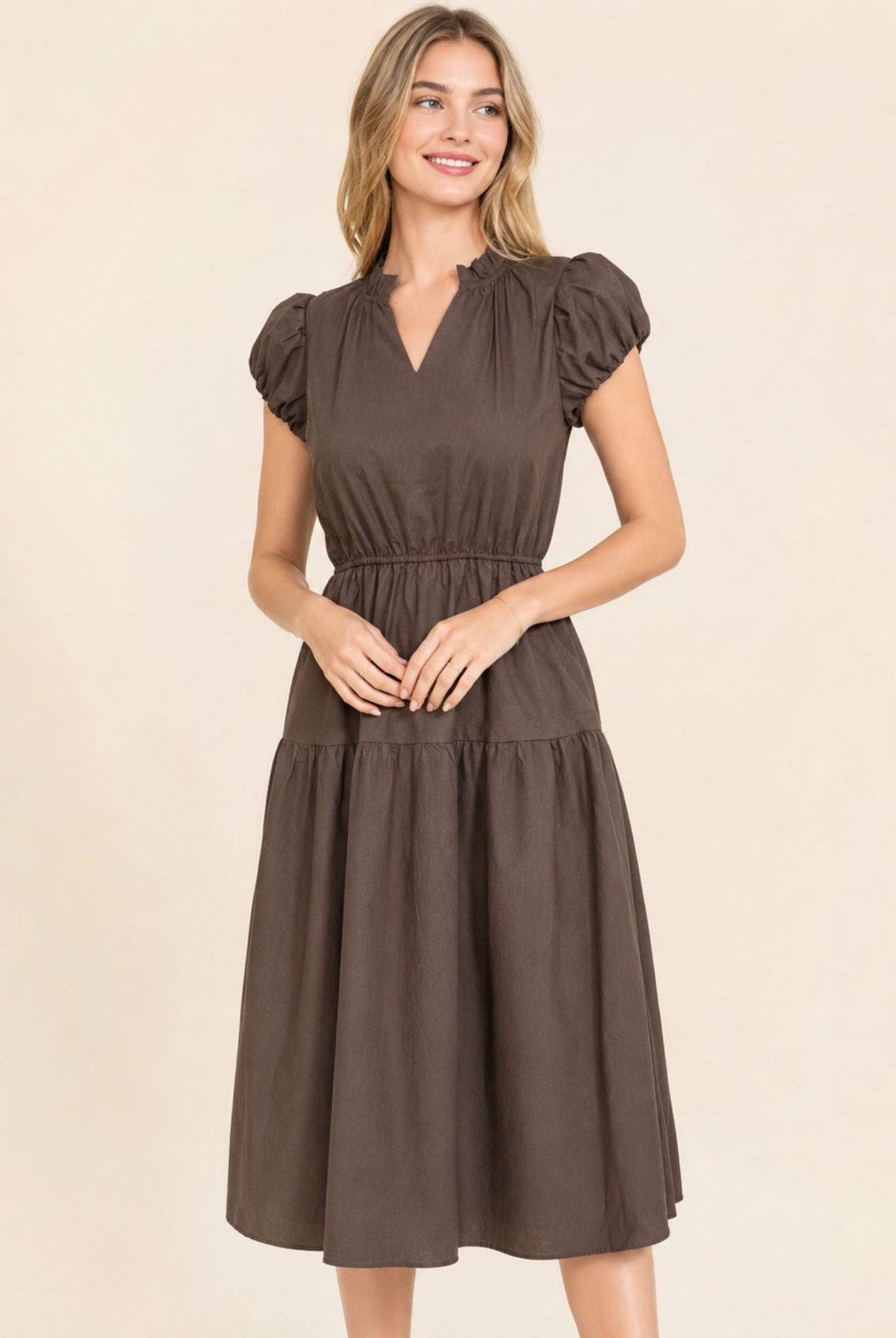 Brown Puff Sleeve Ruffle Neck Tiered Midi Dress