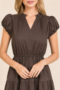 Brown Puff Sleeve Ruffle Neck Tiered Midi Dress