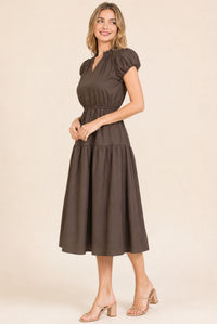 Brown Puff Sleeve Ruffle Neck Tiered Midi Dress