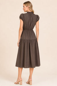 Brown Puff Sleeve Ruffle Neck Tiered Midi Dress