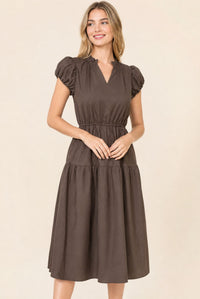 Brown Puff Sleeve Ruffle Neck Tiered Midi Dress