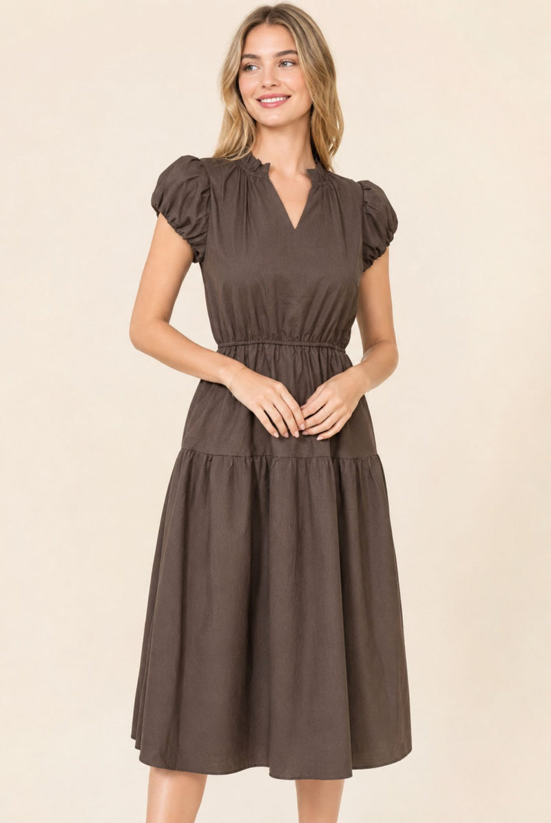 Brown Puff Sleeve Ruffle Neck Tiered Midi Dress
