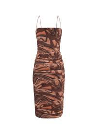 Brown Marble Mesh Bodycon Side Drawstring Detail Midi Dress