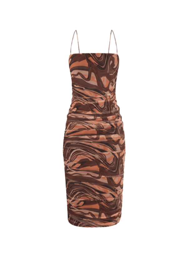 Brown Marble Mesh Bodycon Side Drawstring Detail Midi Dress