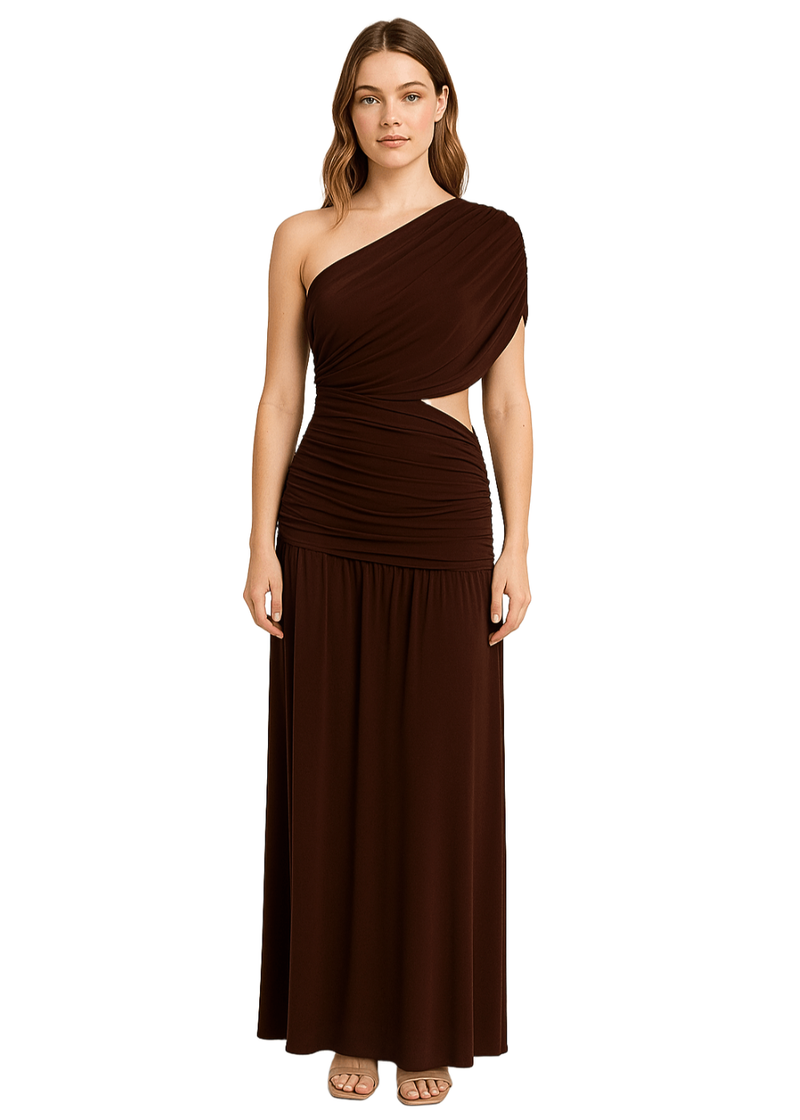 Brown One Shoulder Draping Detailed Side Cut Out Maxi Dress