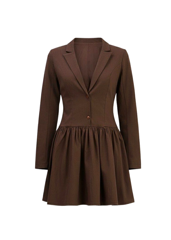 Brown Tailored Long Sleeve V-Neck Blazer Dress