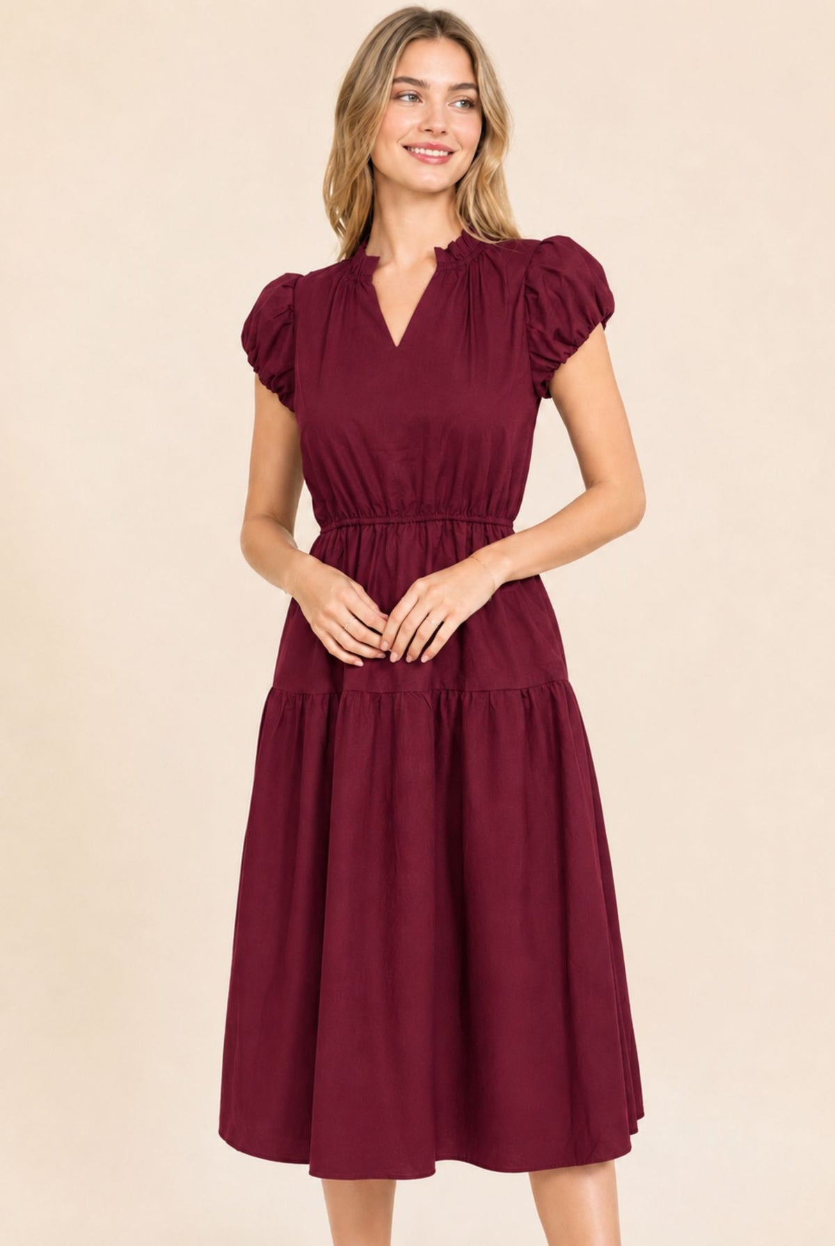 Burgundy Puff Sleeve Ruffle Neck Tiered Midi Dress