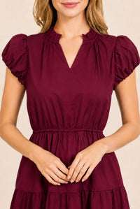 Burgundy Puff Sleeve Ruffle Neck Tiered Midi Dress
