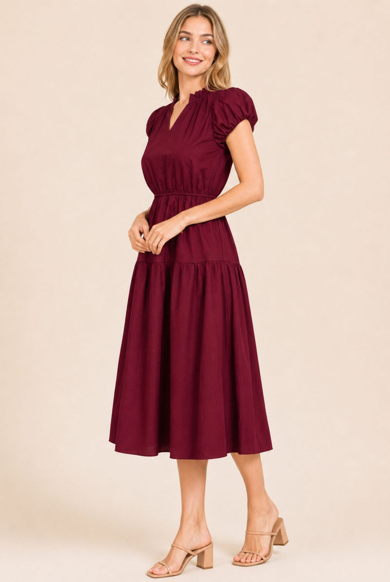 Burgundy Puff Sleeve Ruffle Neck Tiered Midi Dress