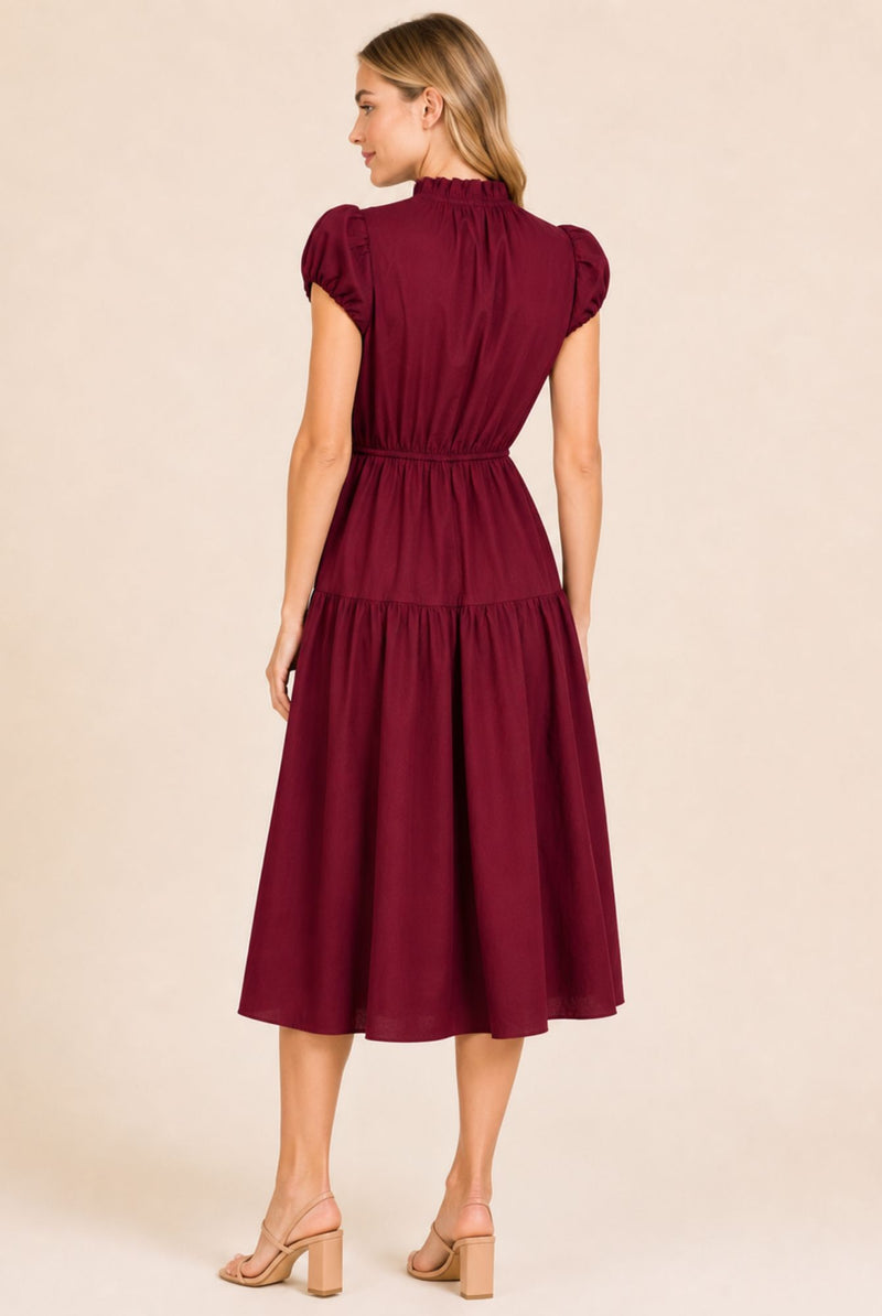 Burgundy Puff Sleeve Ruffle Neck Tiered Midi Dress