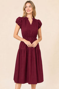 Burgundy Puff Sleeve Ruffle Neck Tiered Midi Dress