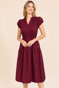 Burgundy Puff Sleeve Ruffle Neck Tiered Midi Dress