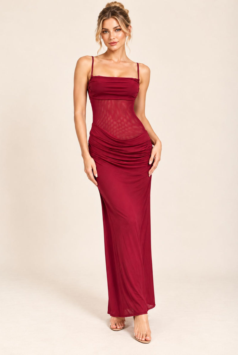 Burgundy Ruched Mesh Lace-Up Maxi Dress