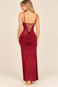 Burgundy Ruched Mesh Lace-Up Maxi Dress