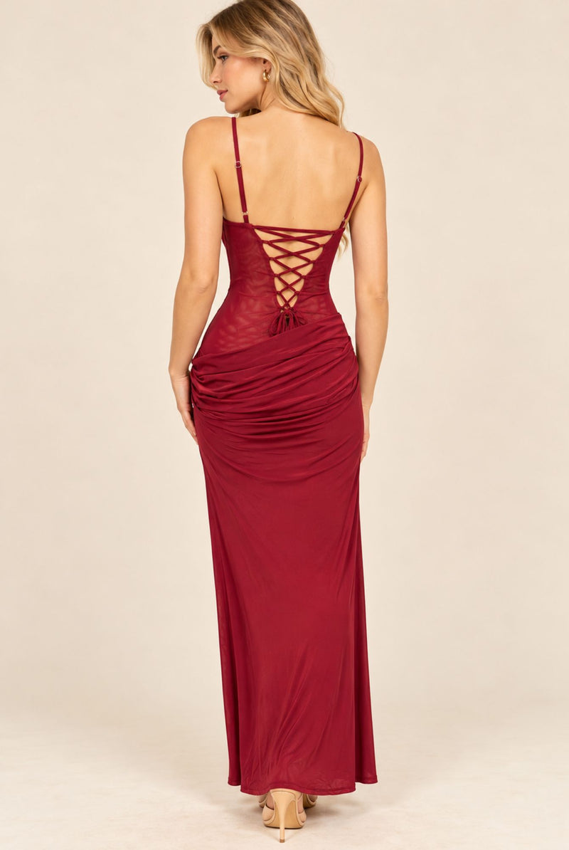 Burgundy Ruched Mesh Lace-Up Maxi Dress