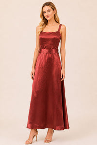 Burgundy Satin Square Neck Belted Maxi Dress
