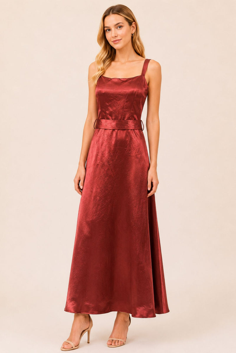 Burgundy Satin Square Neck Belted Maxi Dress