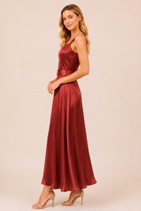 Burgundy Satin Square Neck Belted Maxi Dress