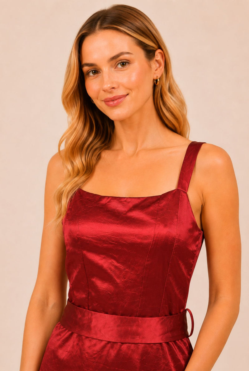 Burgundy Satin Square Neck Belted Maxi Dress